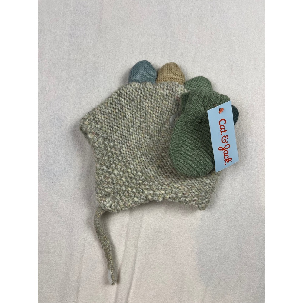Cat & Jack Baby Dinosaur Knit Hat and Mitten Set Green 0-6M NWT 24NB007